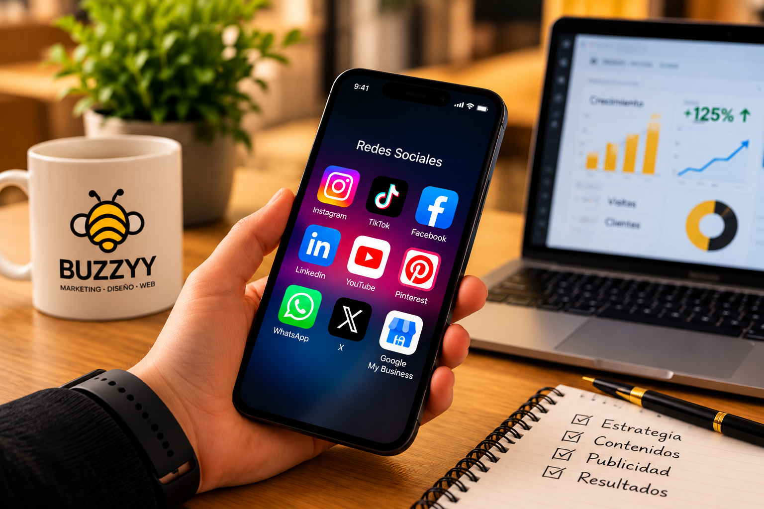 Marketing digital y gestión de redes sociales de BUZZYY con Instagram, TikTok, Facebook y herramientas de análisis